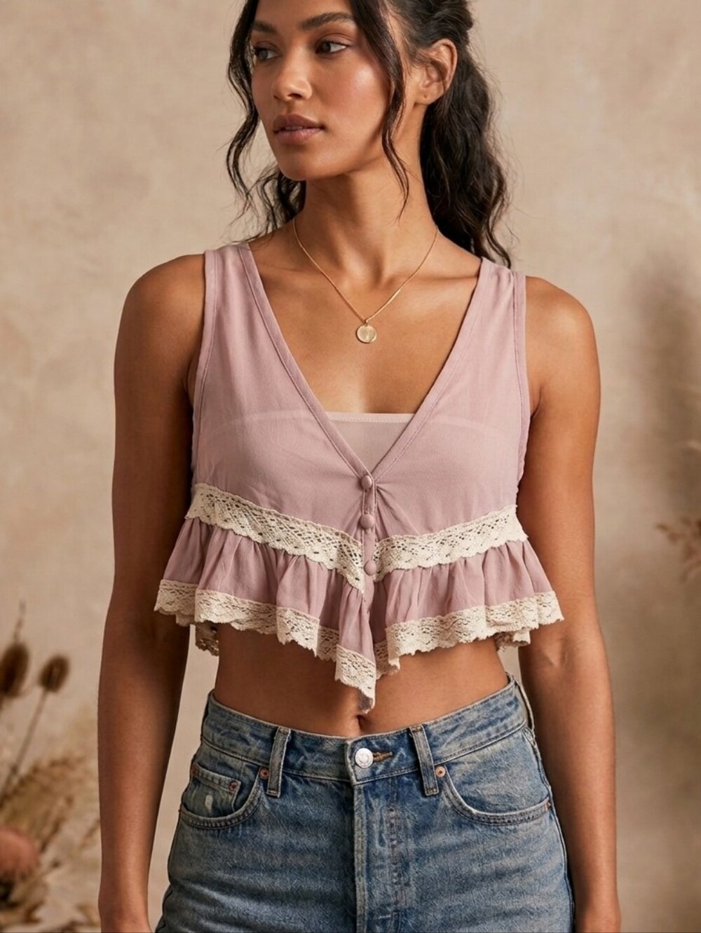 Chandelier Dusty Rose Lace Trim Ruffle Crop Top Baby Doll Sheer Medium New